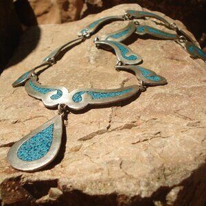 Stunning Taxco Turquoise Inlay Sterling Link Necklace, Marked Sterling